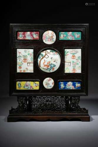 A Chinese Famille Rose Porcelain Inset Hardwood Table Screen...