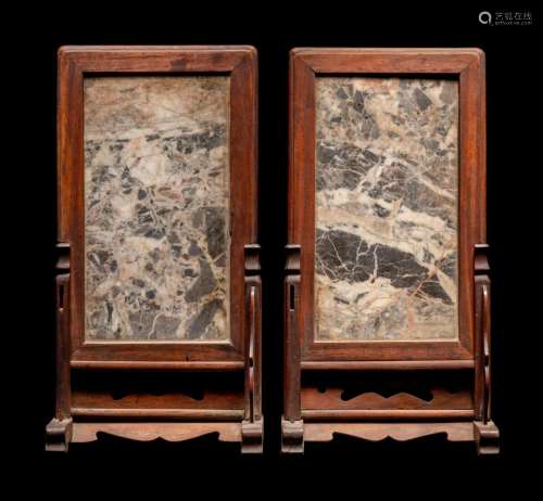 A Pair of Chinese Marble Inset Hardwood Table Screens Height...