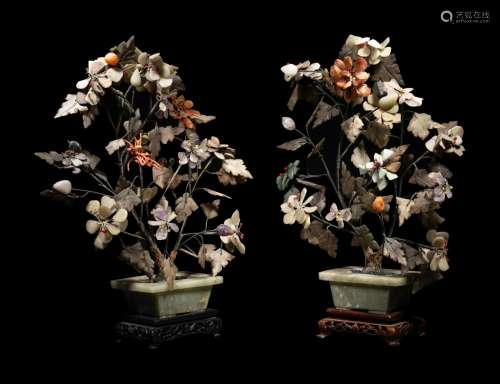 A Pair of Chinese Hardstone and Glass Plants Height: 13 in.,...
