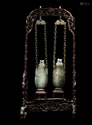 A Pair of Chinese Spinach Jade Covered Vases Height 17 1/4 i...