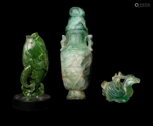 Three Chinese Green Hardstone Carvings Height of largest 8 1...