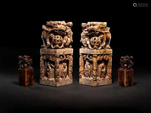 Two Pairs of Chinese Soapstone Seals Height of larger pair 8...