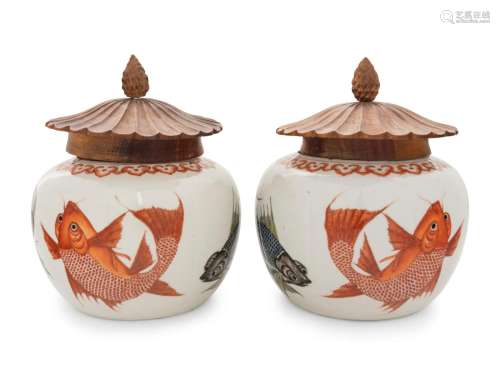 A Pair of Chinese Famille Rose Porcelain Jars Height 8 1/4 i...