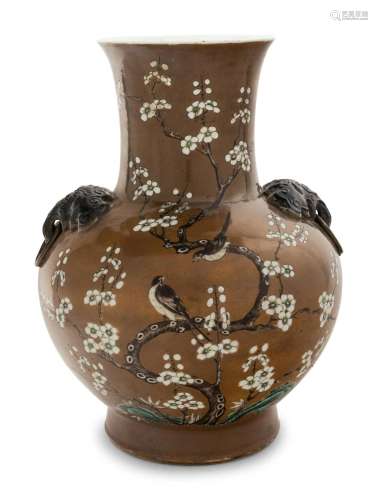 A Chinese Ochre Ground Grisalle Decorated Porcelain Zun Vase...