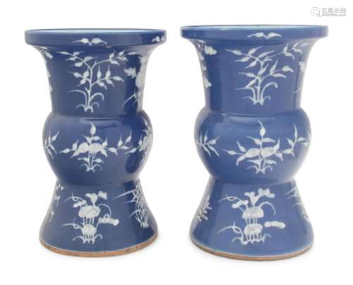 A Pair of Chinese Blue Ground White Slip Decorated Porcelain...