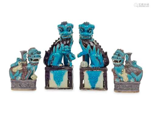 Two Pairs of Chinese Turquoise, Yellow and Purple Glazed Por...