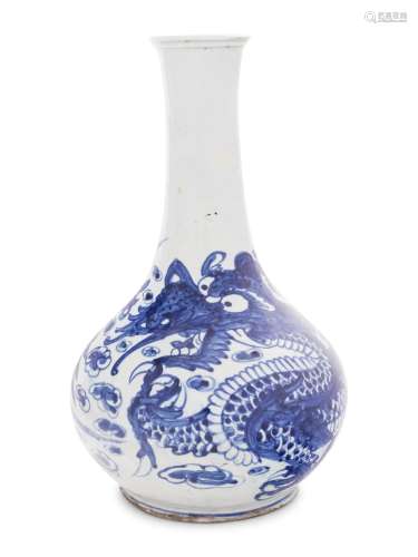 A Korean Blue and White Porcelain Bottle Vase Height: 13 1/2...