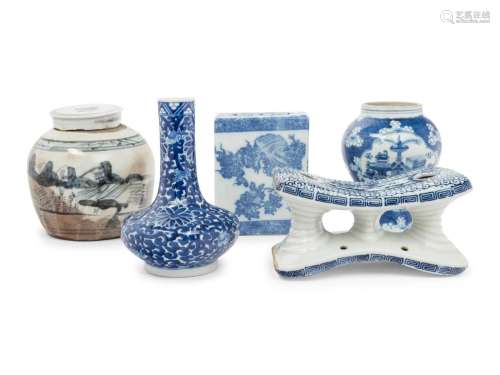 Five Chinese and Japanese Blue and White Porcelain Articles ...