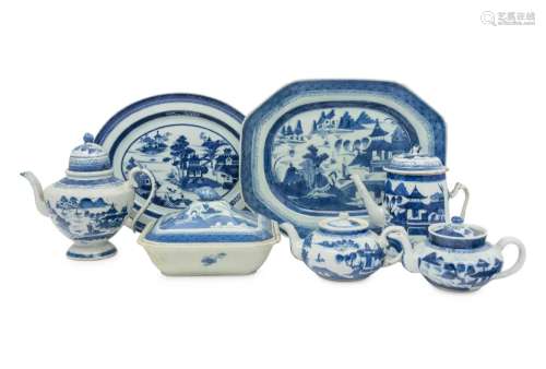 Seven Chinese Export Canton Blue and White Porcelain Article...