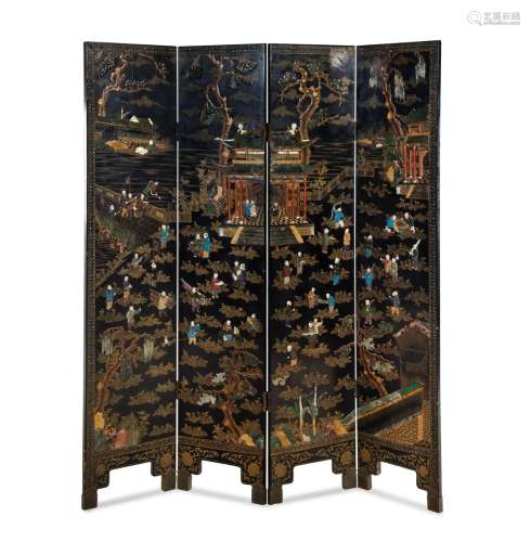 A Chinese Embellished and Black Lacquered Four-Panel Floor S...