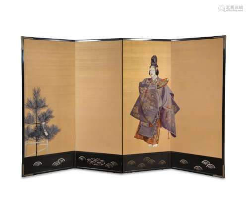 A Japanese Four-Panel Floor Screen Each panel height 30 x wi...