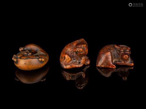 Three Japanese Carved Boxwood Netsuke Length of largest 1 7/...