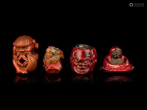 Four Japanese Carved and Red Lacquered Wood Netsuke Length o...