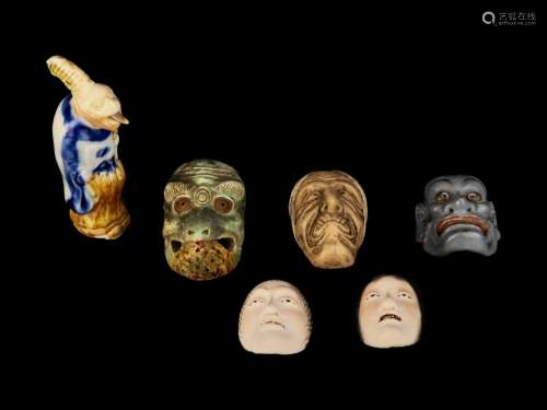 Five Miniature Japanese Ceramic Masks and One Porcelain Figu...