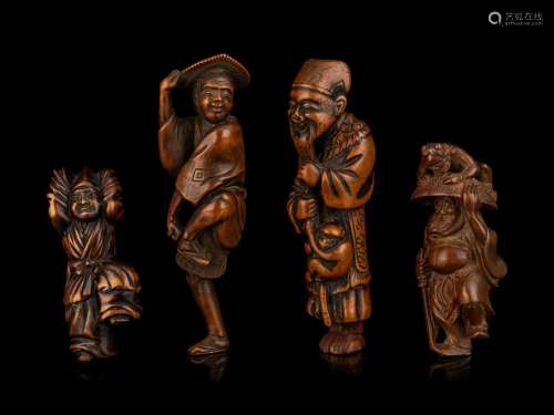 Four Large Japanese Carved Boxwood Netsuke Height of tallest...