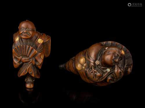 Two Japanese Embellished Boxwood Netsuke Length of longer 2 ...