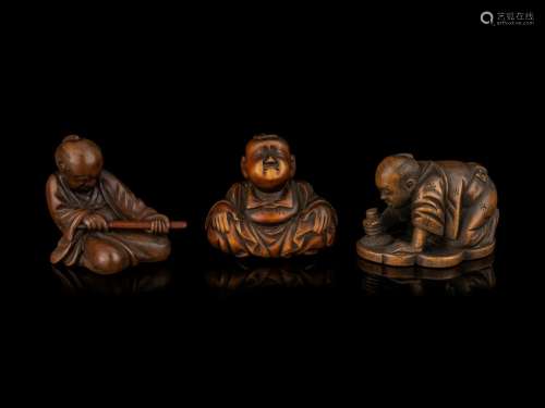 Three Japanese Carved Boxwood Figural-Form Netsuke Length of...