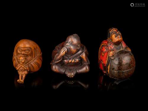 Three Japanese Carved Boxwood Figural-Form Netsuke Height of...