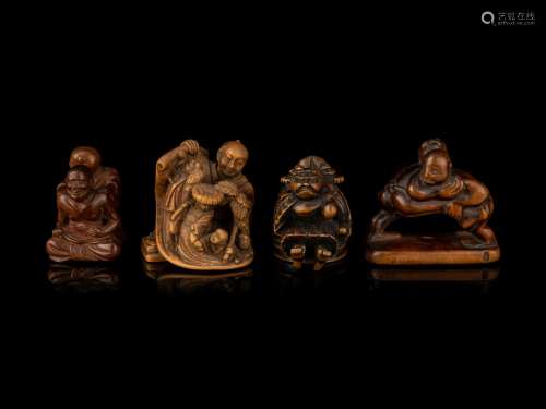 Four Japanese Carved Wood Figural-Form Netsuke Height of tal...