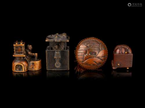 Four Japanese Carved Wood Netsuke Height of tallest 2 1/8 in...