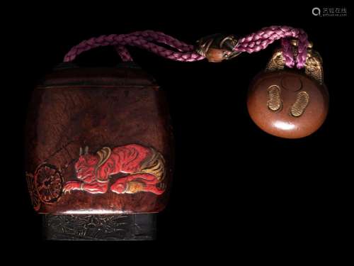 A Japanese Metal Inlaid Coconut Shell Saya Inro Length 2 in....