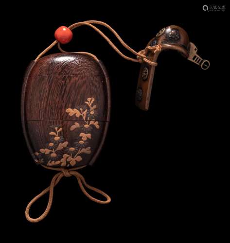 A Japanese Gold and Brown Lacquered Wood Two-Case Inro Lengt...