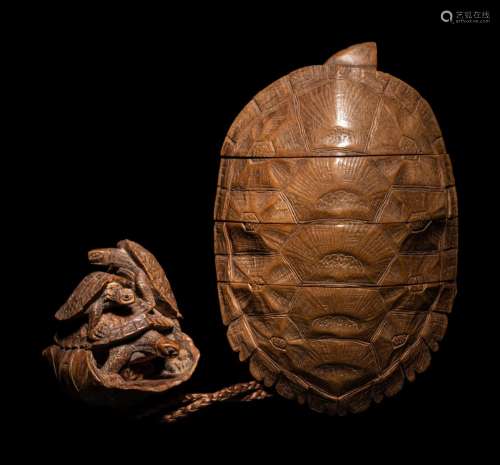 A Japanese Terrapin-Form Boxwood Three- Case Inro, Ojime and...