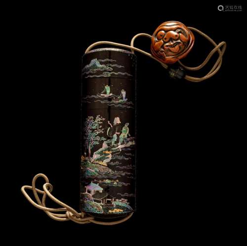 A Japanese Shell Inlaid Black Lacquer Four-Case Inro Length ...