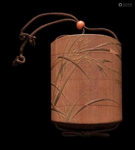 A Japanese Gold Decorated Wood Three-Case Inro Length 3 in.,...