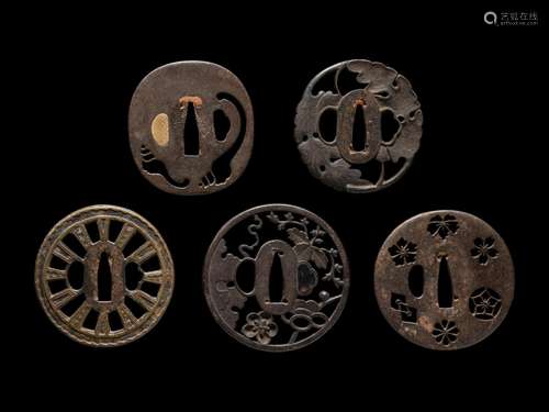 Five Japanese Iron Tsuba Average diameter 3 1/8 in., 8 cm.