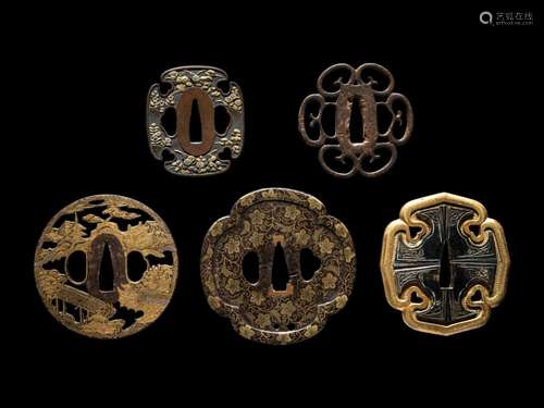 Five Japanese Metal Tsuba Average length 3 1/2 in., 9 cm.