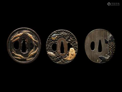 Three Japanese Metal Tsuba Approximate diameter of each 3 1/...