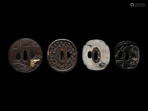 Four Japanese Metal Tsuba Average length 8 1/2 in., 21.5 cm.