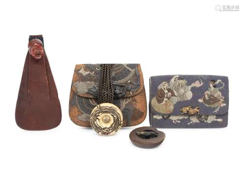 Three Japanese Painted Leather Tobacco Purses Length of larg...