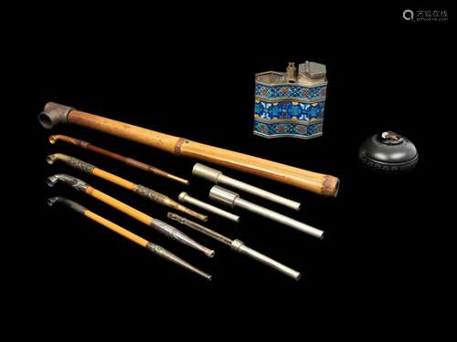 Five Chinese and Japanese Metal Mounted Bamboo Smoking Pipes...