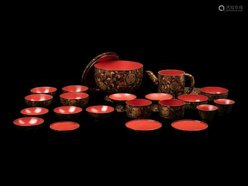 A Japanese Gold Decorated Brown and Red Lacquer Tableware Se...