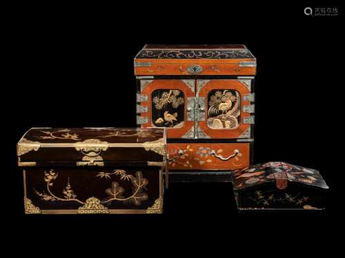 Three Japanese Lacquered and Metal Mounted Storage Boxes Hei...