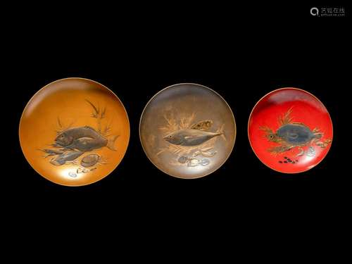 Three Japanese Lacquer 'Fish' Dishes Diameter of l...