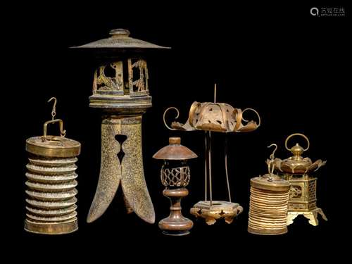 Six Japanese Metal Lanterns Height of largest 19 3/4 in., 50...