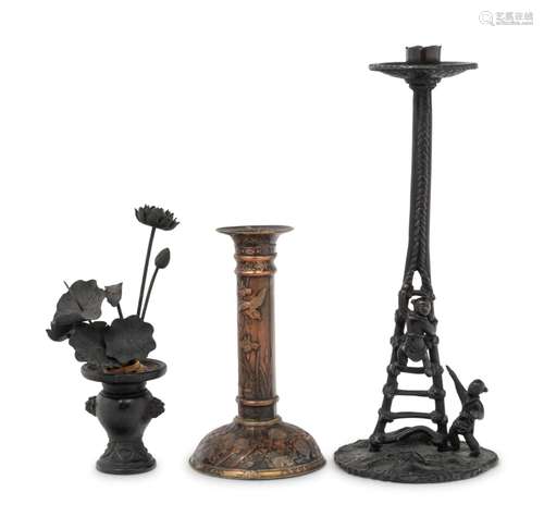 Three Japanese Metal Candlesticks Height of tallest 11 in., ...