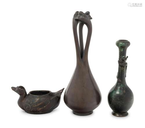 Three Japanese Bronze Vessels Height of tallest 9 3/4 in., 2...