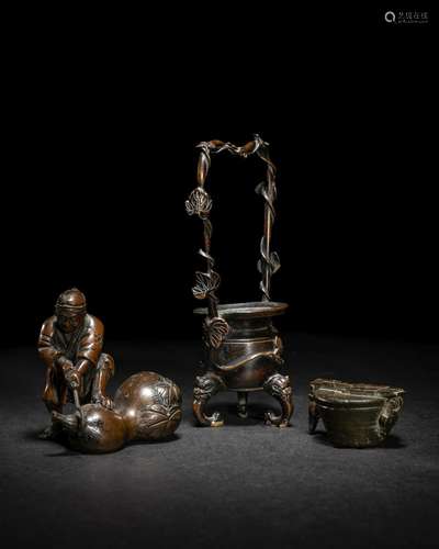 Three Japanese Bronze Articles Height of largest 6 in., 15.6...