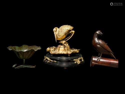 Three Japanese Bronze Articles Height of largest 9 1/4 in., ...