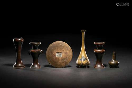 Six Japanese Bronze Articles Height of tallest 5 1/4 in., 13...