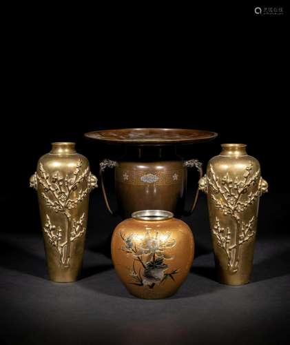 Four Japanese Metal Vases Height 13 1/2 in., 34 cm.