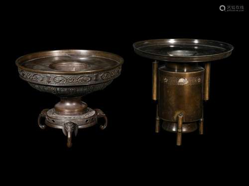 Two Japanese Mixed Metal Flower Pots, Usubata Height 11 in.,...