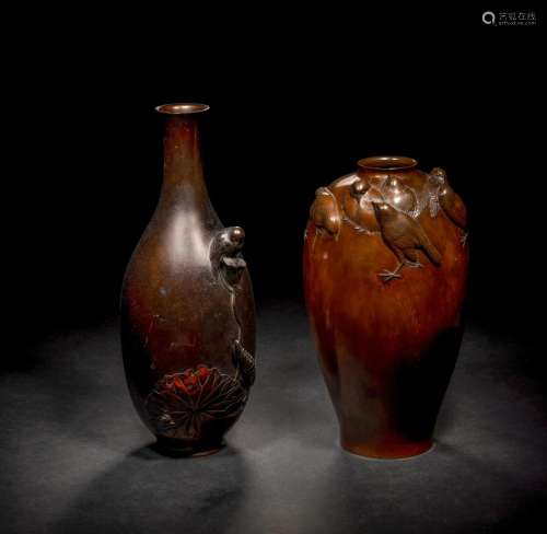 Two Japanese Bronze Vases Height 12 1/4 in., 31 cm.
