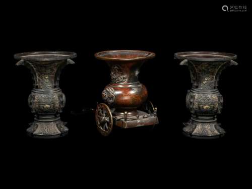 Three Japanese Bronze Vases Height 5 1/2 in., 14 cm.