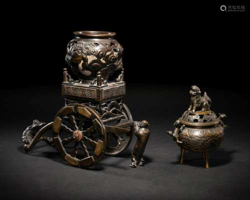 Two Japanese Bronze Incense Vessels Height of larger 13 in.,...