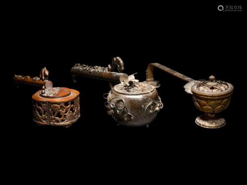 Three Japanese Bronze Incense Burners Length of largest 17 3...